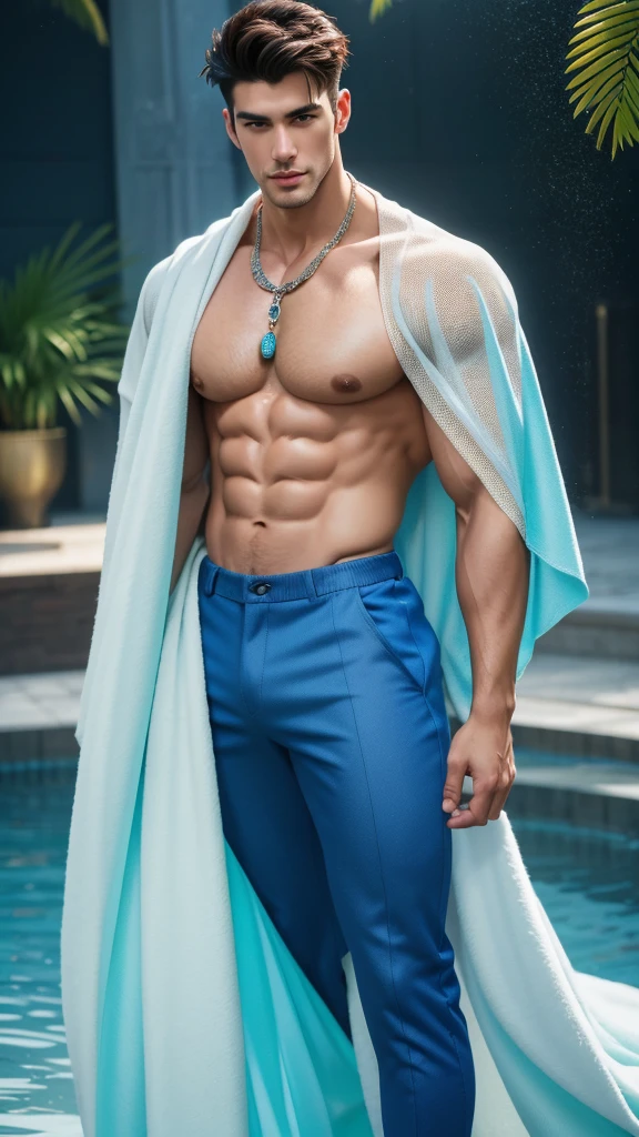 (absurdres, highres, ultra detailed, Ultra HD), ((tall handsome muscular man, solo, male model modern clothing, Full length portrait: 1.5, wearing colourful new fashion clothes)), beautiful, gorgeous, wet, mature, perfect eyes, sexy gaze, (looking at the viewers romantically), perfect body, smooth skin, a hot glow in his skin, wide chest, largest breasts, extremely large pectorals, big nipples, breathtaking grandeur, model pose, colorful, artistic, focus on his calm facial features, elegant look, sexy posture, full body view,