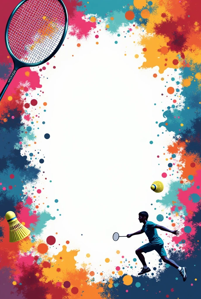 A4 sheet having blank space in center and its boder have "badminton racket, cock and player design" In multi bright coloure