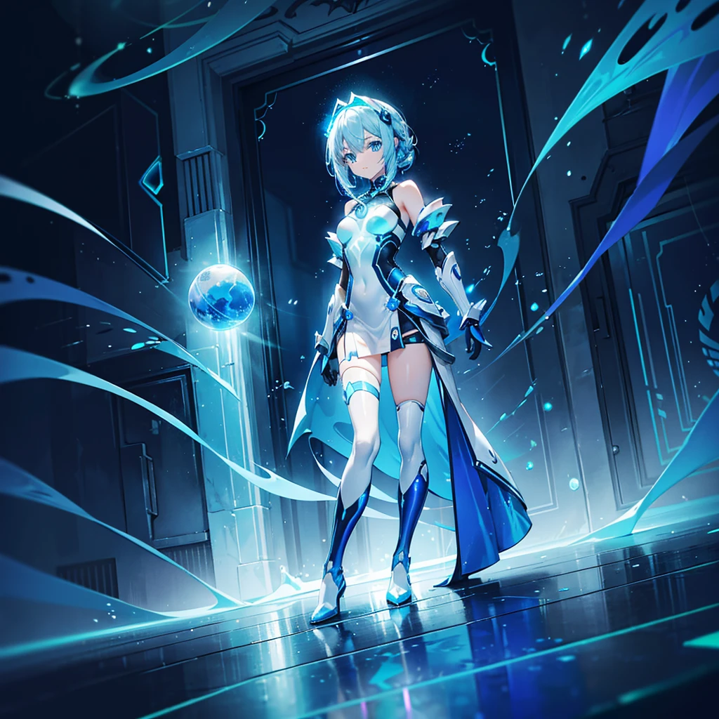 an image of a gentle girl with short, silvery-blue hair, wearing a futuristic, battle-ready outfit with glowing blue elements. She has a kind expression on her face, characterized by soft, warm eyes and a gentle smile with relaxed features. She is generating a large, translucent energy shield that shimmers with blue light, protecting herself and an area around her. The girl should be in a dynamic yet gentle pose, with one hand outstretched towards the viewer as if she's directing the shield and the other hand resting gently by her side. Her stance is strong yet relaxed, with one leg slightly bent. The background is dark and dramatic, with hints of blue light and energy waves illuminating their figures. The shield should have intricate, glowing patterns, enhancing the sense of her power and gentle control,model pose, (nude:0.6), detailed gorgeous face| anime style| key visual| intricate detail| highly detailed| breathtaking| vibrant| panoramic| cinematic| Carne Griffiths| Conrad Roset| gibbli 8k