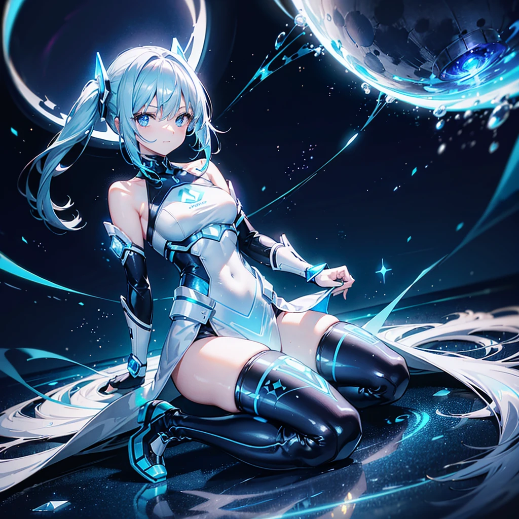 ((Holographic glow effect)),8k, Highest quality, (real:1.4), Original photo, 1 person, Asari Hair, Biological Amplifier, Very sleek and futuristic armor, posture: Peace talks between warring factions,,attention arousal, smart blue eyes,A modest smile,Knee-high boots,Patent-look blue tights,Blue big moon and blue light swirl in the background,Blue light from behind,blue light magic,A small, glowing blue ball in the palm of your hand,Blue flame swirl,Blue Comet,Polished floor,