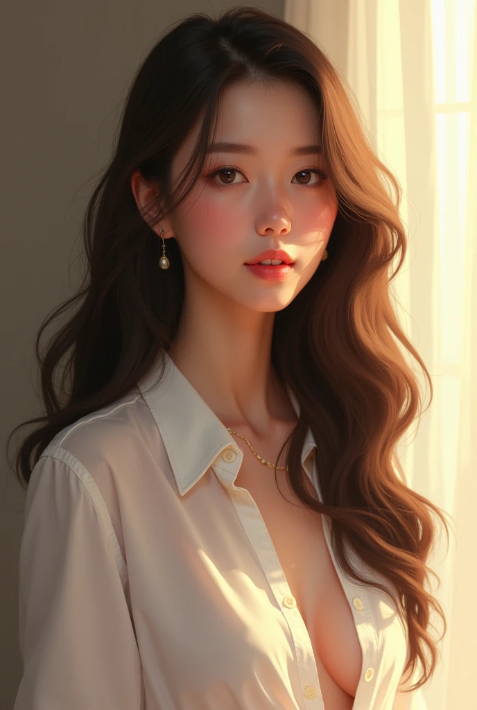 A beautiful girl wearing a white shirt that shows off her great charms. Her hair is long and covers her chest. Optimism fills her features.