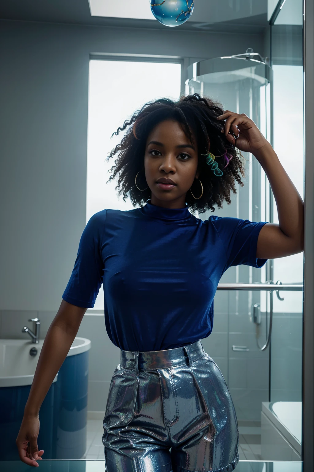 Fish eye view of aerial angle shot of a Beautiful black woman with coloured curly hair and dressed in bomshort, blue round neck  shirts, high fashion  clothes, standing in a high fashion model pose in a transparent glass sphere, light bouncing in the glass sphere providing a blue and velvet cinematic look, with iridescent light, hyper-realistic image, 32k, ultra HD, cinematic lighting