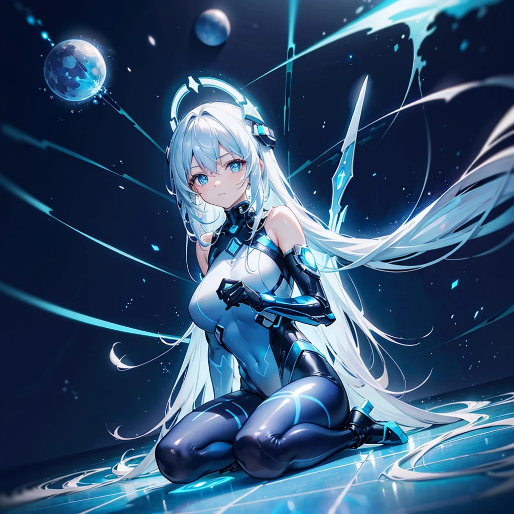 ((Holographic glow effect)),8k, Highest quality, (real:1.4), Original photo, 1 person, Asari Hair, Biological Amplifier, Very sleek and futuristic armor, posture: Peace talks between warring factions,,attention arousal, smart blue eyes,A modest smile,Knee-high boots,Patent-look blue tights,Blue big moon and blue light swirl in the background,Blue light from behind,blue light magic,A small, glowing blue ball in the palm of your hand,Blue flame swirl,Blue Comet,Polished floor,