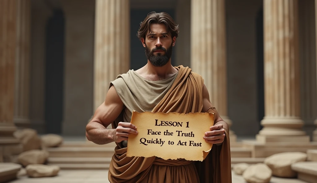 In a grand Roman forum, a male stoic philosopher with a well-proportioned and attractive physique stands holding a large parchment or scroll. The parchment is prominently displayed with the text "Lesson 1: Face the Truth Quickly to Act Fast" written in elegant, classical script. The philosopher is dressed in classic tunics in muted earthy tones—grey, brown, and olive green—with subtle gold or copper accents. He holds the parchment with a firm grip, and his expression conveys a blend of resolve and contemplation. The background features majestic Doric columns and the grandeur of the Forum, but the ground beneath him appears fragmented or blurred, creating a sense of instability and emotional turmoil. The lighting is dramatic, with harsh contrasts and deep shadows that highlight the philosopher's determined stance and the importance of the message on the scroll. This image sets the stage for the lesson by combining the elegance of the Roman setting with a powerful visual representation of facing difficult truths.
```⬤