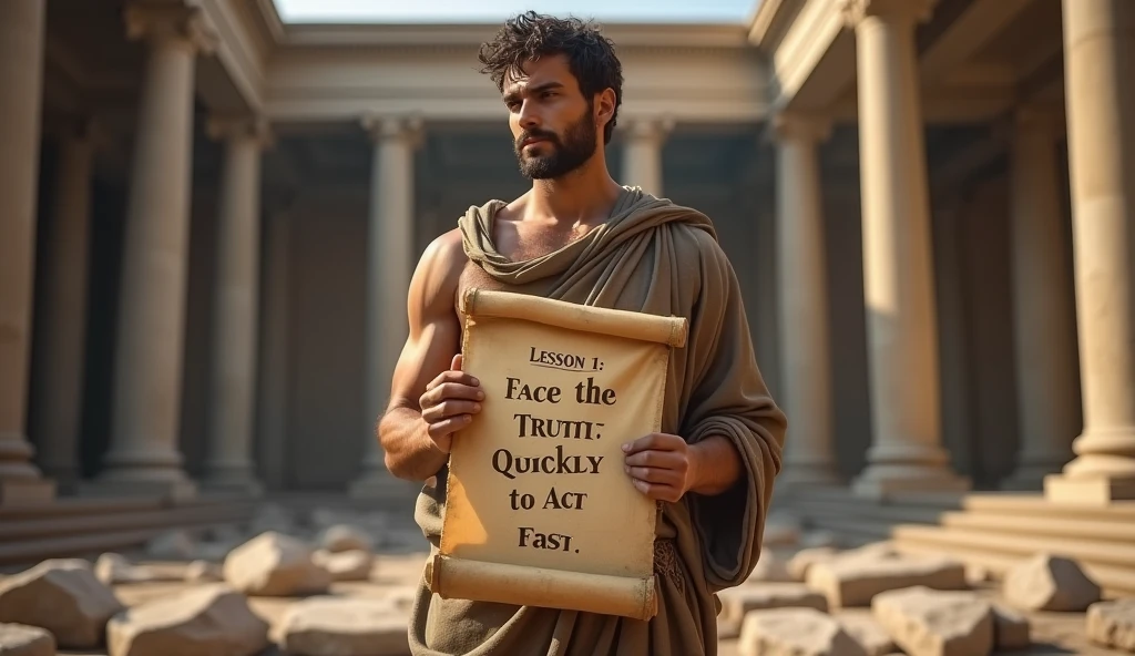 In a grand Roman forum, a male stoic philosopher with a well-proportioned and attractive physique stands holding a large parchment or scroll. The parchment is prominently displayed with the text "Lesson 1: Face the Truth Quickly to Act Fast" written in elegant, classical script. The philosopher is dressed in classic tunics in muted earthy tones—grey, brown, and olive green—with subtle gold or copper accents. He holds the parchment with a firm grip, and his expression conveys a blend of resolve and contemplation. The background features majestic Doric columns and the grandeur of the Forum, but the ground beneath him appears fragmented or blurred, creating a sense of instability and emotional turmoil. The lighting is dramatic, with harsh contrasts and deep shadows that highlight the philosopher's determined stance and the importance of the message on the scroll. This image sets the stage for the lesson by combining the elegance of the Roman setting with a powerful visual representation of facing difficult truths.
```⬤