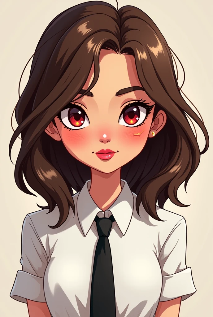 Girl, Brown Hair, black necktie, white Shirt, eyebrow Piercing, middle esatern, Cartoon, Red deteails, Hair IS layrered
