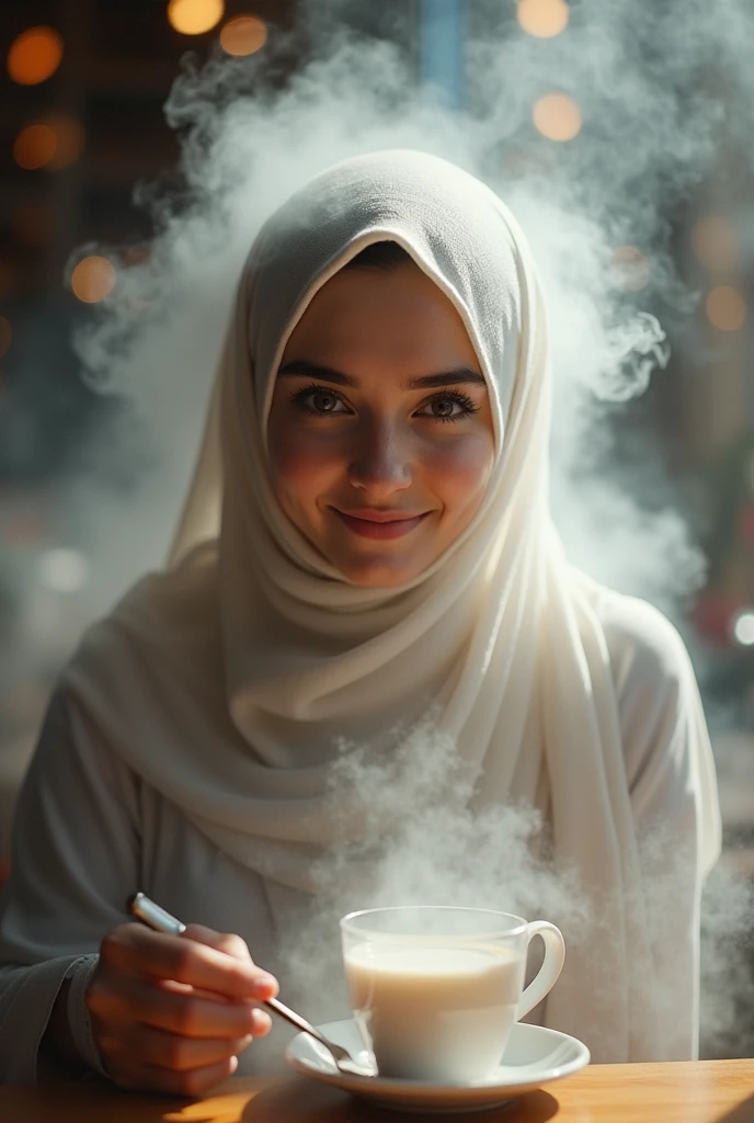surreal, romantic fantasy, realistic image, a glass of clear water, hot water, steamy and smoky smoke turns into a figure of a woman wearing a hijab smiling at the camera. This scene is set in a cafe where lots of love is scattered around, and the background is splashes of milk