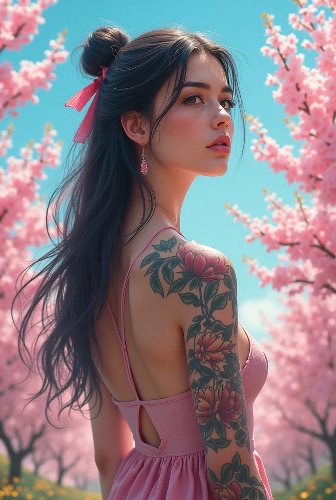 best quality, ultra high res, (photorealistic:1.4), masterpiece, 1girl, brown skin color, brown_eyes, from_behind, fur_trim, hair_over_one_eye, lips, long_hair, make up, looking_at_viewer, looking_back, nose, photo_\(medium\), photorealistic, realistic, solo, teeth, upper_body,masterpiece, best quality, high quality, High definition, High quality texture, High quality shadow, high detail, realistic, Cinematic Light, sidelighting, Lens Flare, Ray tracing, sharp focus,Naked Summer, Full Tattoo, (Masterpiece, Top Quality, Best Quality, Official Art, Beautiful and aesthetic: 1.2), (1 flower), full body, Extremely Detailed, (Fractal Art: 1.3), Colorful, More Detailed , "Best Quality", "Masterpiece, Sakimichan-style art, slight smile, legs open, pubic hair view, 1 sexy girl in transparent forest clothing, exposed breasts, open transparent T-shirt, Mandala and flower tattoos, Best Quality ,black hair fused with platinum and gold, naked girl, visible beautiful pubic area, pink pesons, small breasts in sight, water pond in the garden, mandala and flower tattoos on the naked body, old floating clock, lamp, lantern , skin wet with water, bed floating in pond, beautiful girl lying on bed, fantasy, view from above, open legs