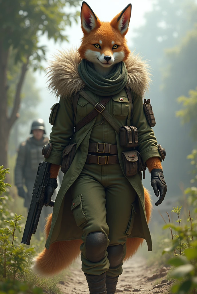 Name a female furry gunson she wears military uniform and she wears another military uniform. While her mission it's complete now she need take a break for while. And she continued to walk from battlefield until she saw her human brother. While she's rescuing her little brother and return to home