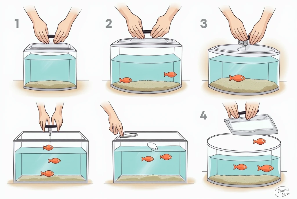 {"size":"1024x1024","prompt":"A step-by-step comic illustrating how to safely introduce fish into an aquarium. The comic is divided into 7 panels. \n\nPanel 1: The image shows a hand holding a closed transport bag filled with fish, ready to be placed into a lit aquarium. Text: 'Turn off the aquarium light and place the closed bag with fish into the water to adjust the temperature.'\n\nPanel 2: The bag is floating in the aquarium, with the fish inside looking calm. Text: 'Let the bag float in the water for at least 15 minutes.'\n\nPanel 3: The image depicts a hand carefully opening the bag, with the edges slightly rolled down. A fish is peeking out. Text: 'Open the bag with the fish. Be careful, some fish may jump!'\n\nPanel 4: The image shows a hand using a small cup to scoop water from the aquarium into the open bag. Text: 'Gradually add small amounts of water from the aquarium into the transport bag to help the fish acclimate.'\n\nPanel 5: The bag is nearly full of water, with the fish swimming calmly. Text: 'Repeat until the water volume in the bag has doubled or tripled.'\n\nPanel 6: The image shows a hand holding a net, carefully catching the fish from the bag and placing them into the aquarium. Text: 'Use a net to gently transfer the fish from the bag into the aquarium.'\n\nPanel 7: The image shows the empty bag being poured out over a sink, with water flowing down the drain. Text: 'Dispose of the transport water as it may contain harmful germs.'"}