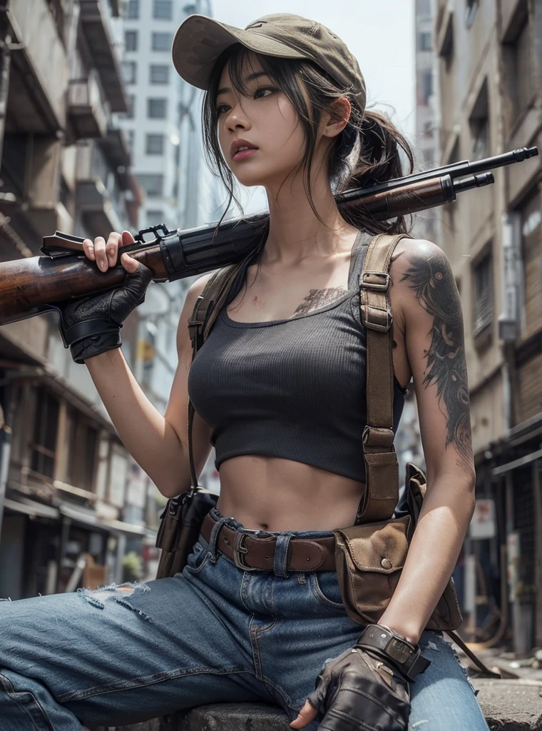 8k,Realistic Photo、Realistic Skin Texture、Superrealism、Japanese women living in America、General citizens、Civilian、Tattoo、cap、jeans、sneakers、Short sleeve shirt、Beauty、American cityscape、Old building、Reload、row pods、
Mossberg mShooting a 590 shotgun、Covered in scars、It is dirty、muscle、The background is out of focus、Building wall、Dramatic Images、Battleground、The strongest woman、Former Marine、Be vigilant、