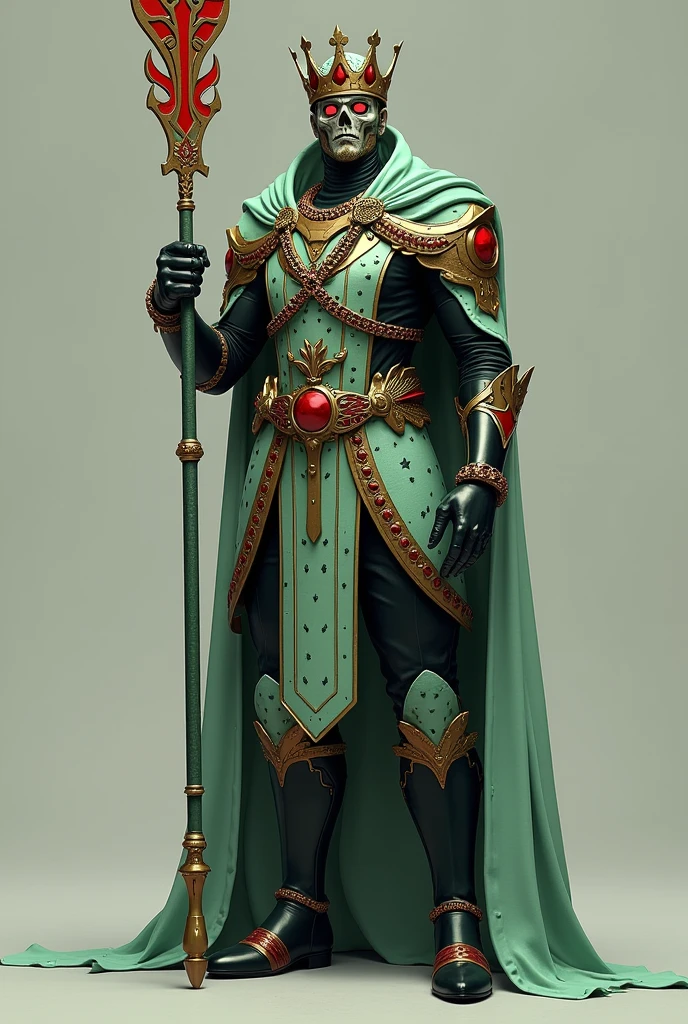 Character with a pale green rocker lance that he holds on his hand decorated with bright red and black colors a crown on his head golden with red a Soldier costume with black spots decorated with pale green and Prince decorations on his costumes black shoes decorated with very dark green and red a soldier prince pants with jewels on his neck is a dangerous fighter side in te that soldier prince 