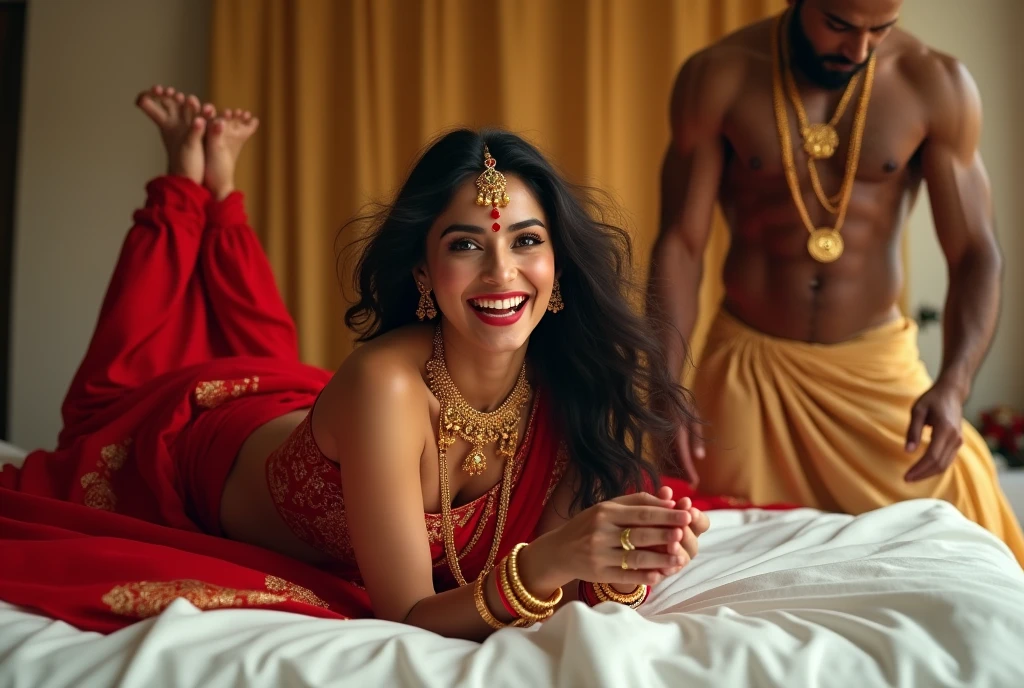 cute young girl freefaller on bed,wearing red sari,golden jewelries,screaming,applay sindoor at the beginning or completely along the parting-line of a woman's hair,masculer man,wearing salwar,hairy body,is on the woman