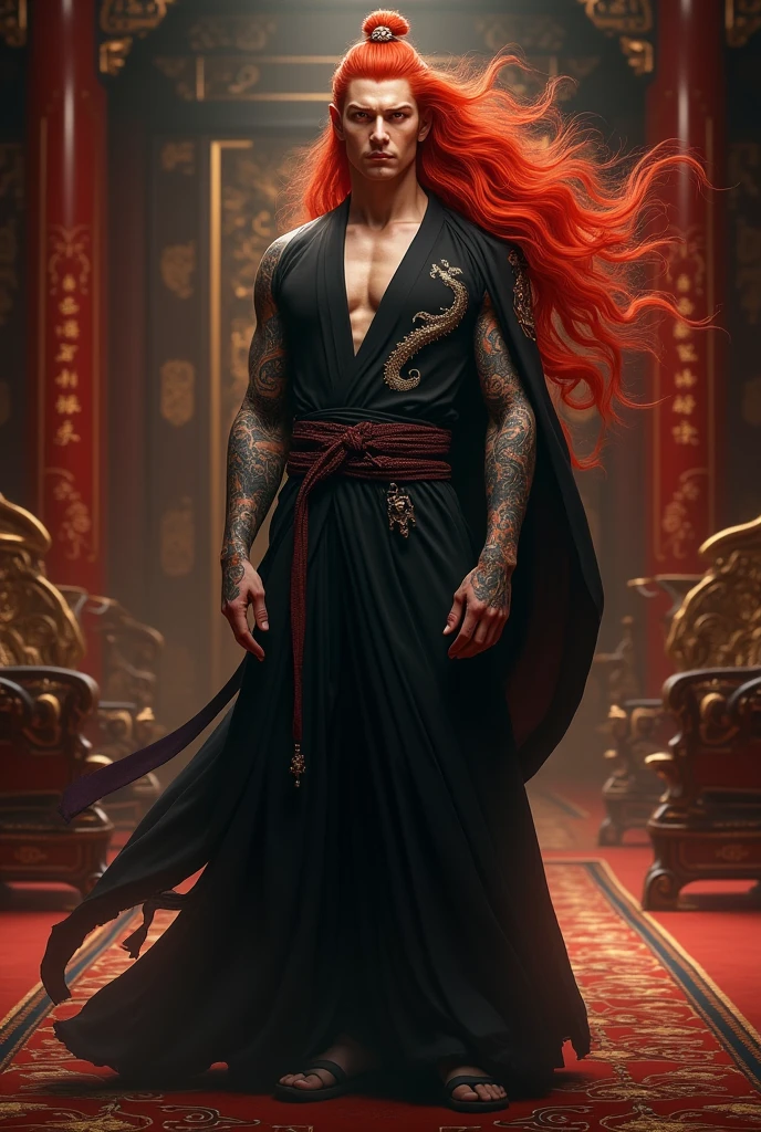 A man with long red hair, red eyes, dragon tattoo, wearing a black hanfu, in an ancient Chinese court-style interior, (best quality, 16k, masterpiece, ultra-detailed, photorealistic, vivid colors, dramatic lighting)