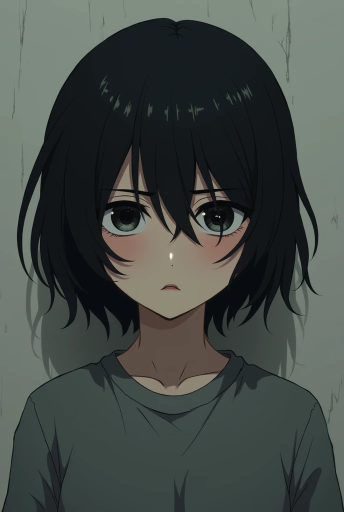 Sad medium black hair boy