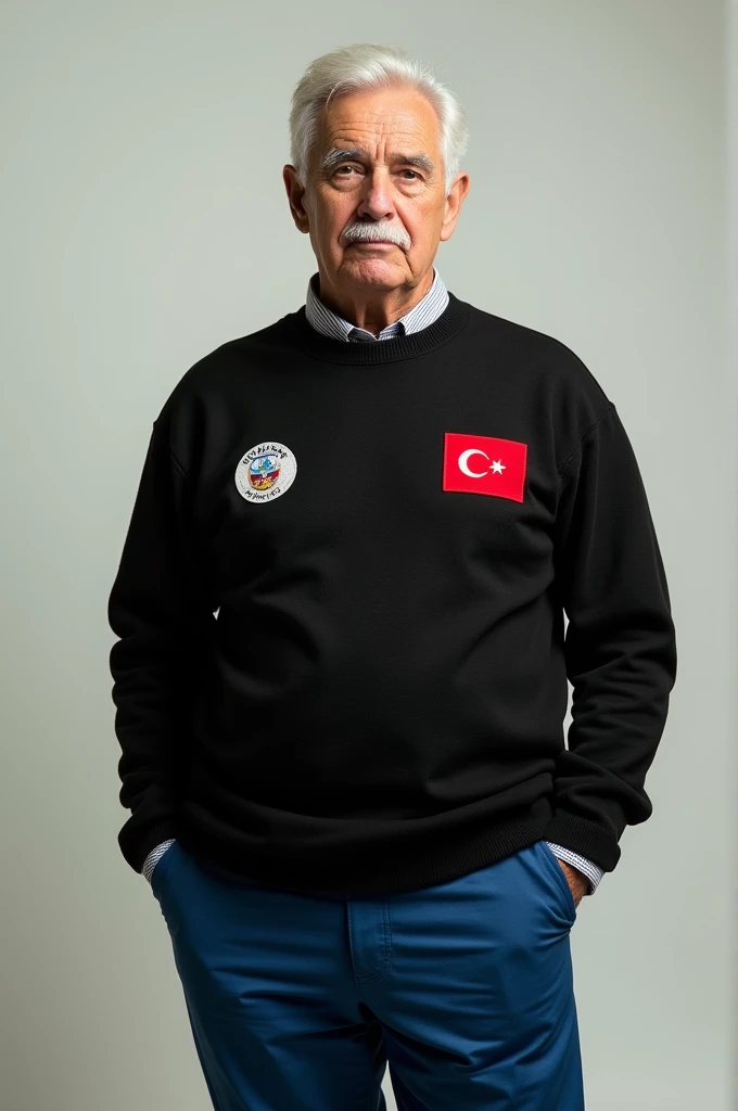 Man wearing black sweater with red flag on right and white on left and blue pants 