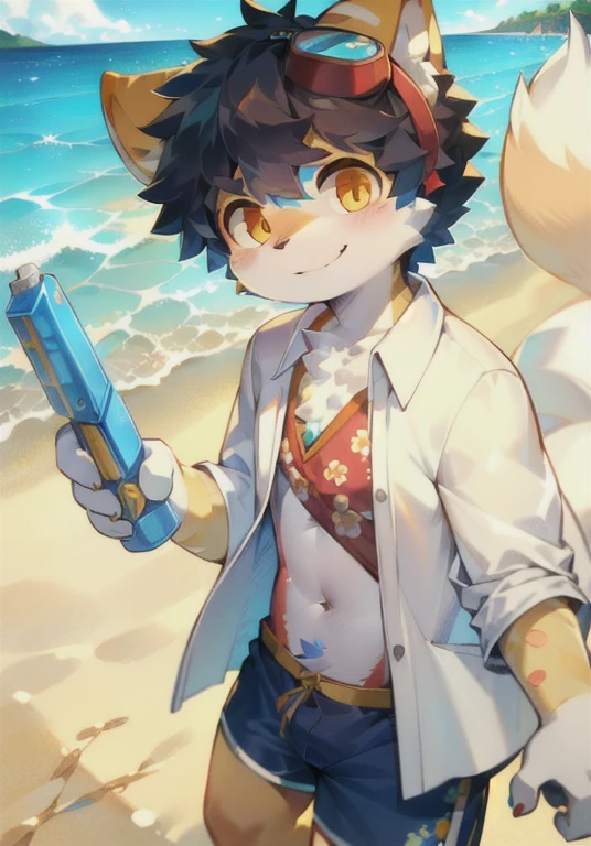 White male cat，boy，cute，Q version，Goggles，Big furry tail，Hairy pads，，Golden Eyes，，Detailed background，On the beach，Wear a bandana，Open floral shirt，Blue floral shorts，sunny，seaside，Water gun in hand，Smile happily