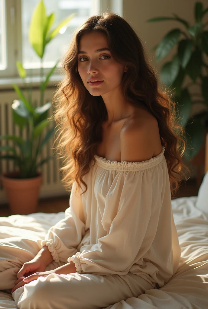 (photorealism:1.2), beautiful woman, sitting on bed, wearing loose off-shoulder top, pajama pants, long curly hair, indoors, soft lighting, plants in background, window with sunlight, cozy room, relaxed pose, realistic, intricate details, warm colors, by Greg Rutkowski, by Alphonse Mucha