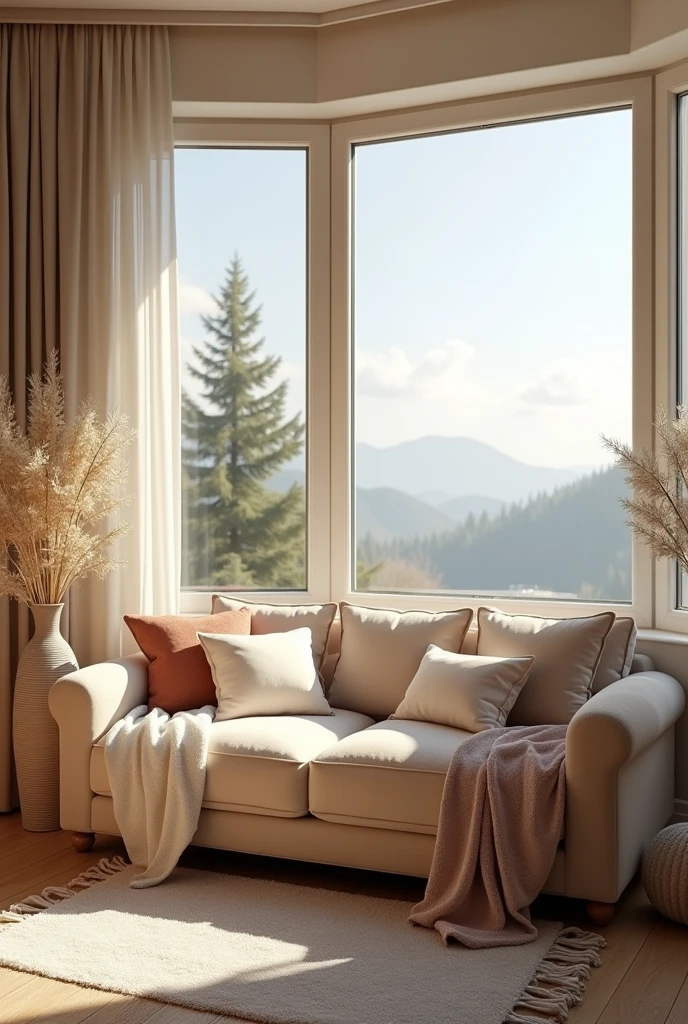 A cozy couch positioned near a large, open corner window. The couch should look inviting, with soft cushions and perhaps a throw blanket.