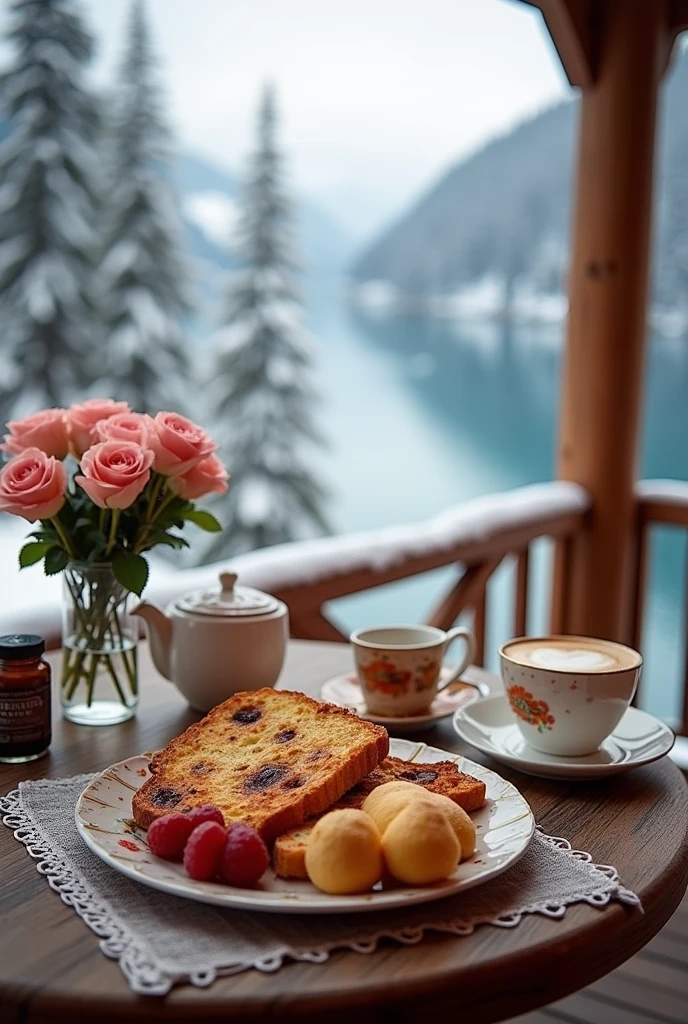 Cozy outdoor terrace in winter, Roses on the table，cozy cabin, Stunning views of the lake from above, Very delicious breakfast, Tee