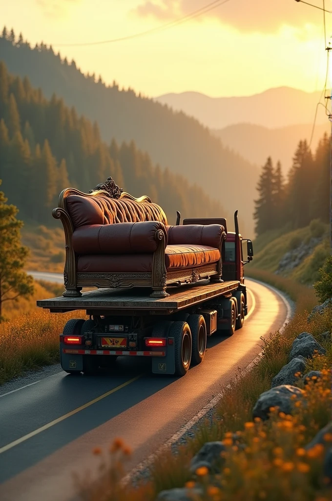 Large sofa on truck on road