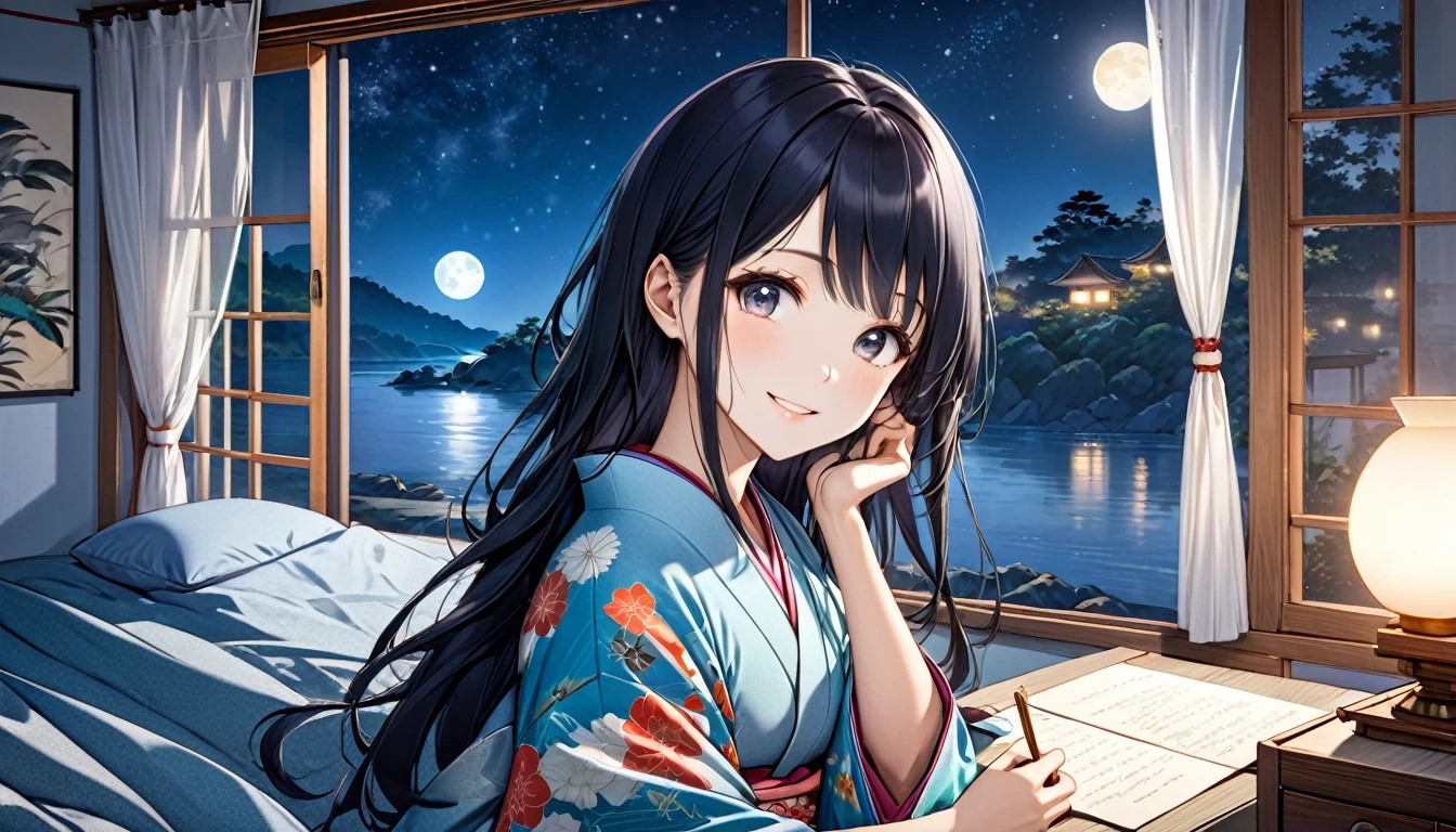 anime, A beautiful young Japanese woman with long black hair, soft moonlight illuminating her face, The background has a summery atmosphere, cozy bedroom setting, romantic and tranquil atmosphere, photorealistic, Highly detailed Ukiyo-e, Japanese painting, woodblock print, anime, manga, comics, figure, Beautiful woman, Wearing colorful open-necked kimonos, Night sky from window,Staring dreamily at a love letter、The soft moonlight illuminates her face、Cozy bedroom setting、Romantic and tranquil atmosphere、Photorealistic、Very detailed,smile