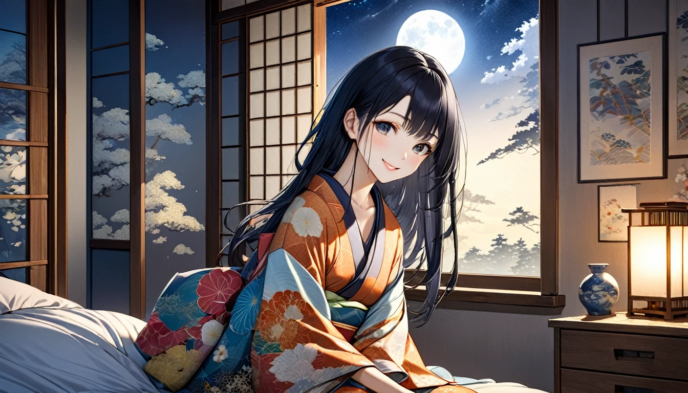 anime, A beautiful young Japanese woman with long black hair, soft moonlight illuminating her face, The background has a summery atmosphere, cozy bedroom setting, romantic and tranquil atmosphere, photorealistic, Highly detailed Ukiyo-e, Japanese painting, woodblock print, anime, manga, comics, figure, Beautiful woman, Wearing colorful open-necked kimonos, Night sky from window,Staring dreamily at a love letter、The soft moonlight illuminates her face、Cozy bedroom setting、Romantic and tranquil atmosphere、Photorealistic、Very detailed,smile