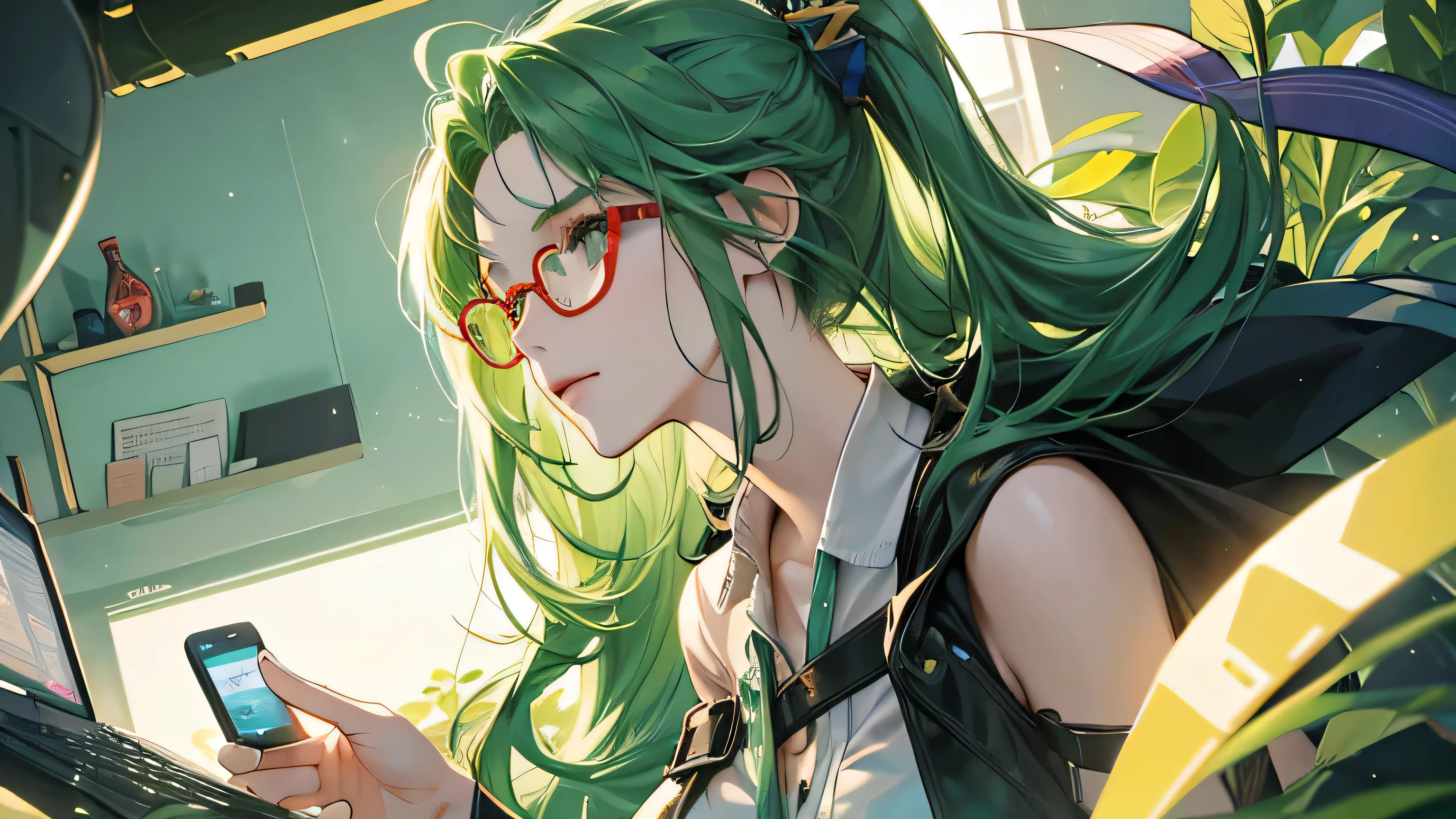 With PC、A beautiful green-haired woman with glasses trading tokens on defi based on her analysis