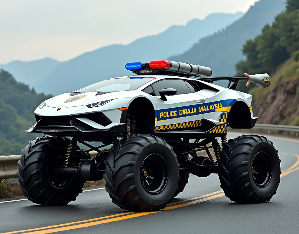 Lamborghini white car,monster truck siren blue red. Chequered Flag blue yellow stripeon the lower door." Police Diraja Malaysia "stripe on the car.rocket booster