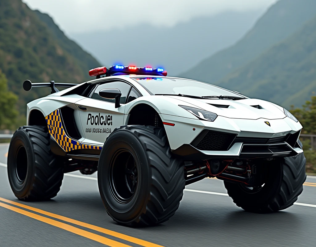 Lamborghini white car,monster truck siren blue red. Chequered Flag blue yellow stripeon the lower door." Police Diraja Malaysia "stripe on the car.rocket booster