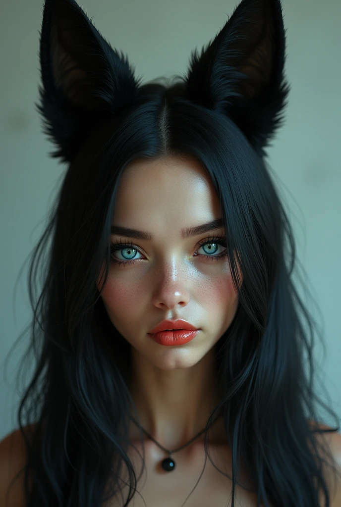 Long oval shaped face, creol skin color woman, black straight hair, blue siren eyes, long eyelashes, small nose, thin eyeprows, narrow chin, thin red lips, front view, creol fox ears