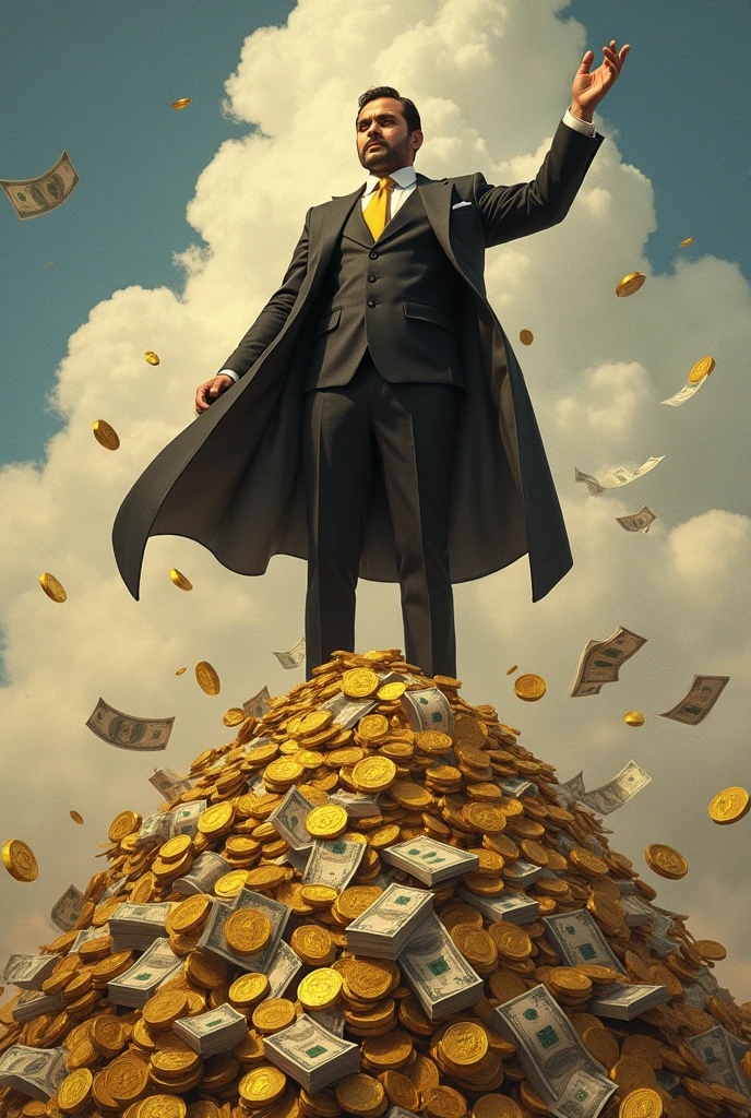 A tycoon standing on a mountain of money