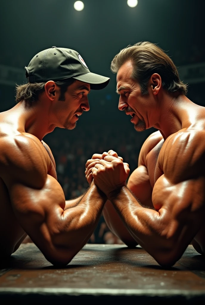 Create an image of Sylvester Stallone with a backwards cap from the movie Falcon:the Champion of Champions arm wrestling with Arnold Schwarzenegger