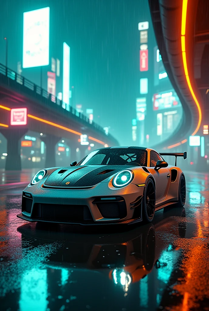 porsche 992 gt3 rs in cyberpunk neon city with teal and orange neon lights and rain  from front 