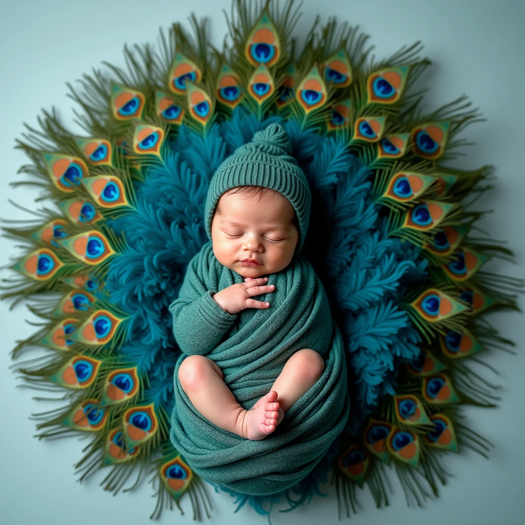 arafed baby in a yellow wrap is wrapped in a peacock feather, peacock feather wrap the head, whole body photography, award winning studio photo, national geographic photoshoot, 9 brilliant peacock tails, inspired by Anne Geddes, anna nikonova, peacock, national geographic photo shoot, cute photo, full body photography, full costume, full top shot camera view