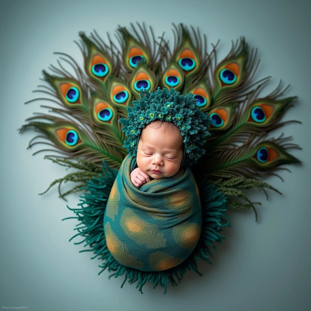 arafed  in a yellow wrap is wrapped in a peacock feather, peacock feather wrap the head, whole body photography, award winning studio photo, national geographic photoshoot, 9 brilliant peacock tails, inspired by Anne Geddes, anna nikonova, peacock, national geographic photo shoot, cute photo, full body photography, full costume, full top shot camera view 