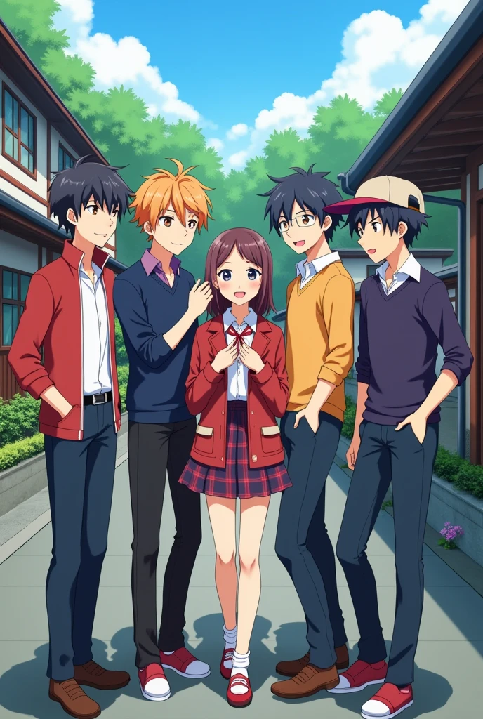 5 different anime boy with one anime girl beautiful anime group pic in a friendly distance and with Japanese school uniform I need more unique boy