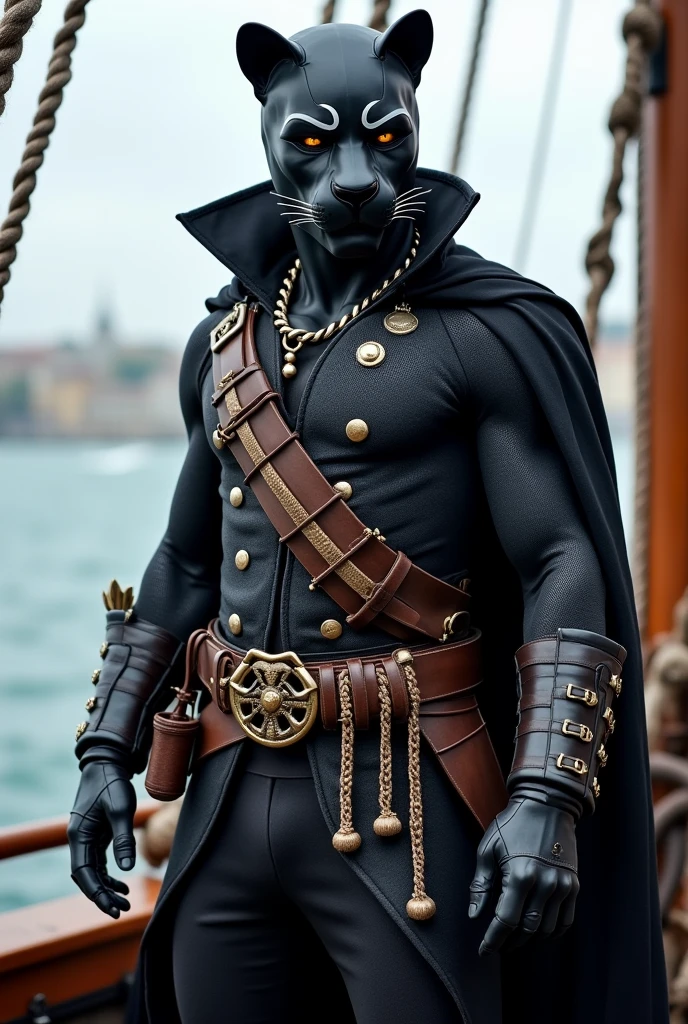 black panther full body pirate costume, standing on the boat