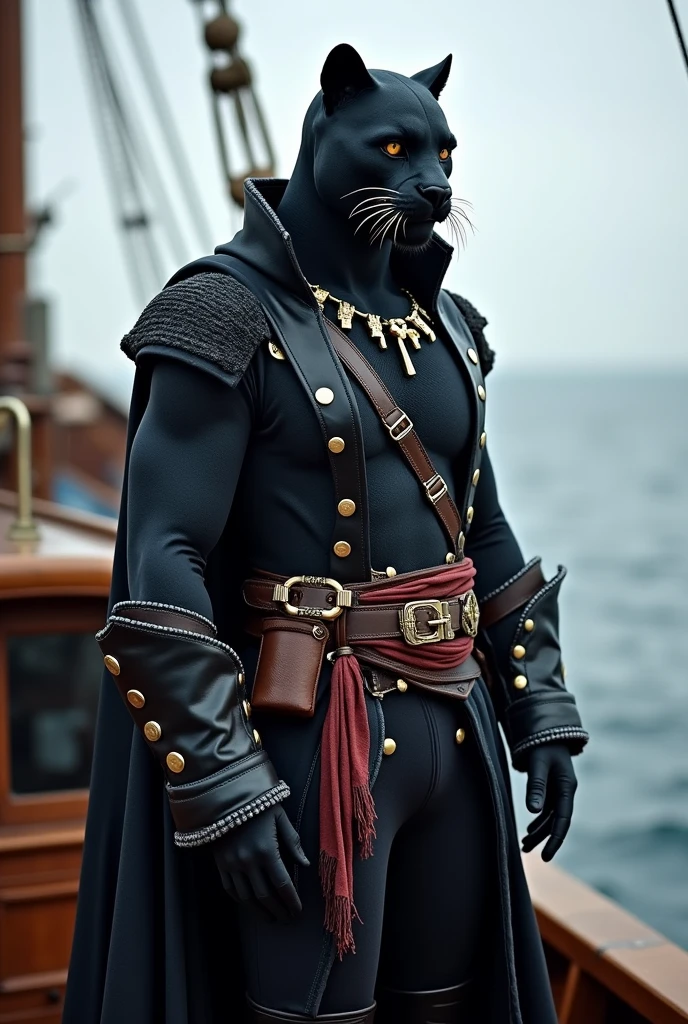 black panther full body pirate costume, standing on the boat