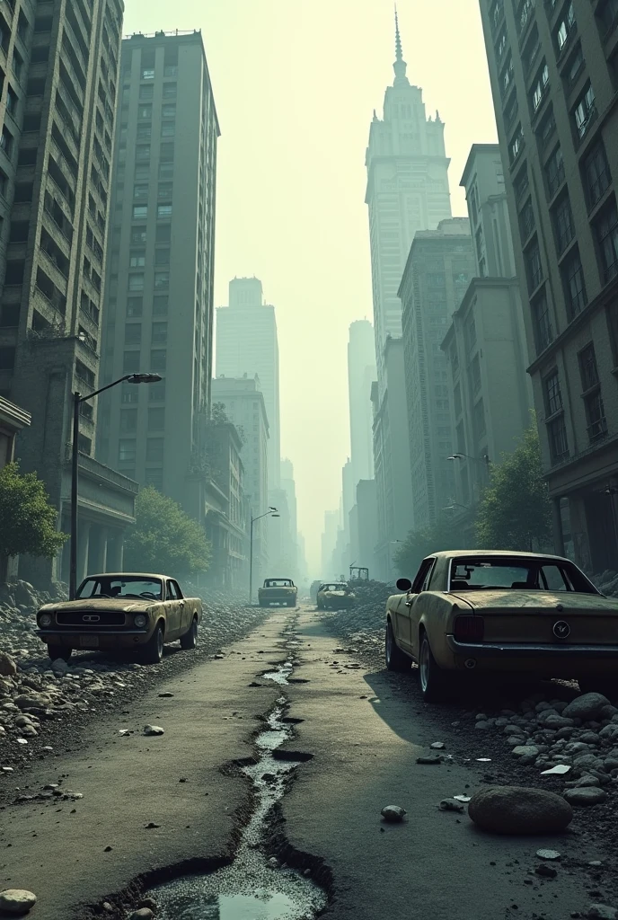 Vertical scene of a devastated post-apocalyptic street