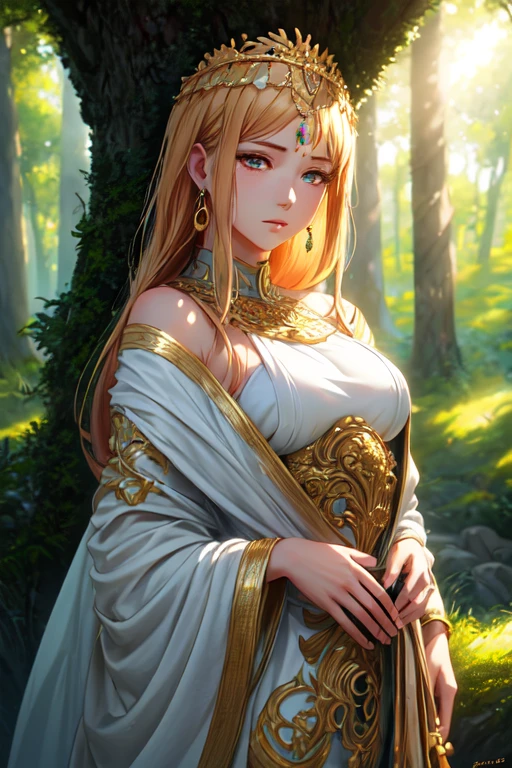 A beautiful young Greek princess with long flowing hair, piercing eyes, elegant facial features, and a serene expression, (anime style), detailed face and body, intricate jewelry and ornate dress, standing in a lush, mythical Greek landscape, sunlight filtering through the trees, warm color palette, photorealistic, high detail, cinematic lighting, masterpiece