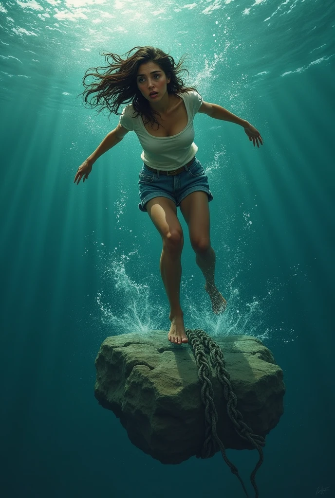 Brown colour girl try swim out of ocean her legs are tide with stone below the sea 