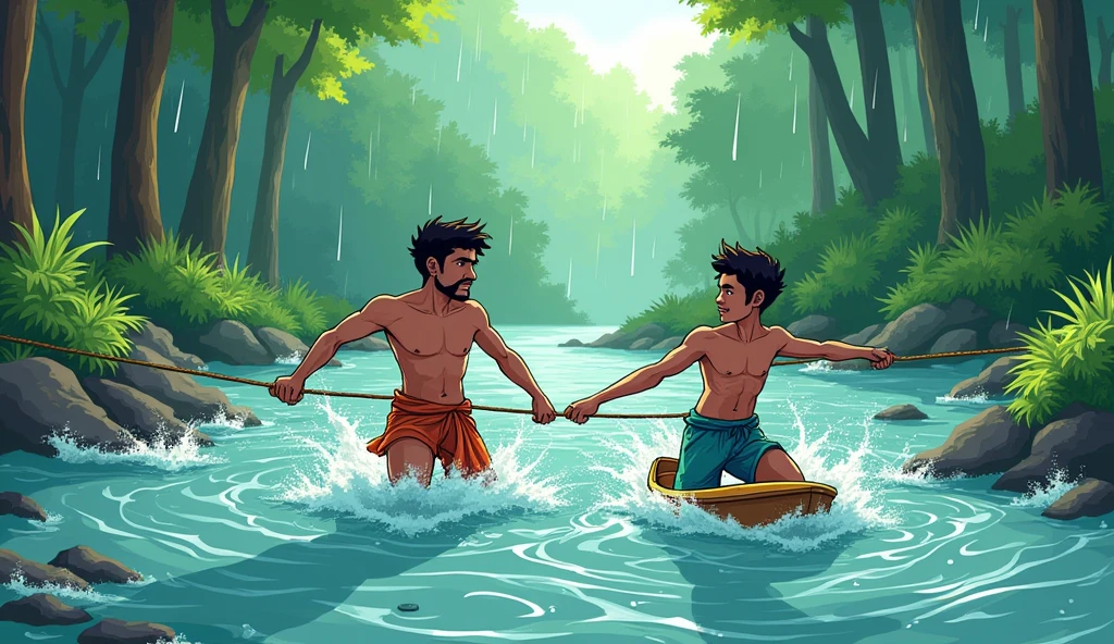 After the two young men crossed the forest, they had to cross a river that was swollen due to a flood. The currents in the river made their journey even more difficult. Suraj helped Chandra cross the river safely using a rope, and Chandra used his art to create a boat for Suraj so that they could cross the river safely. cartoon image
