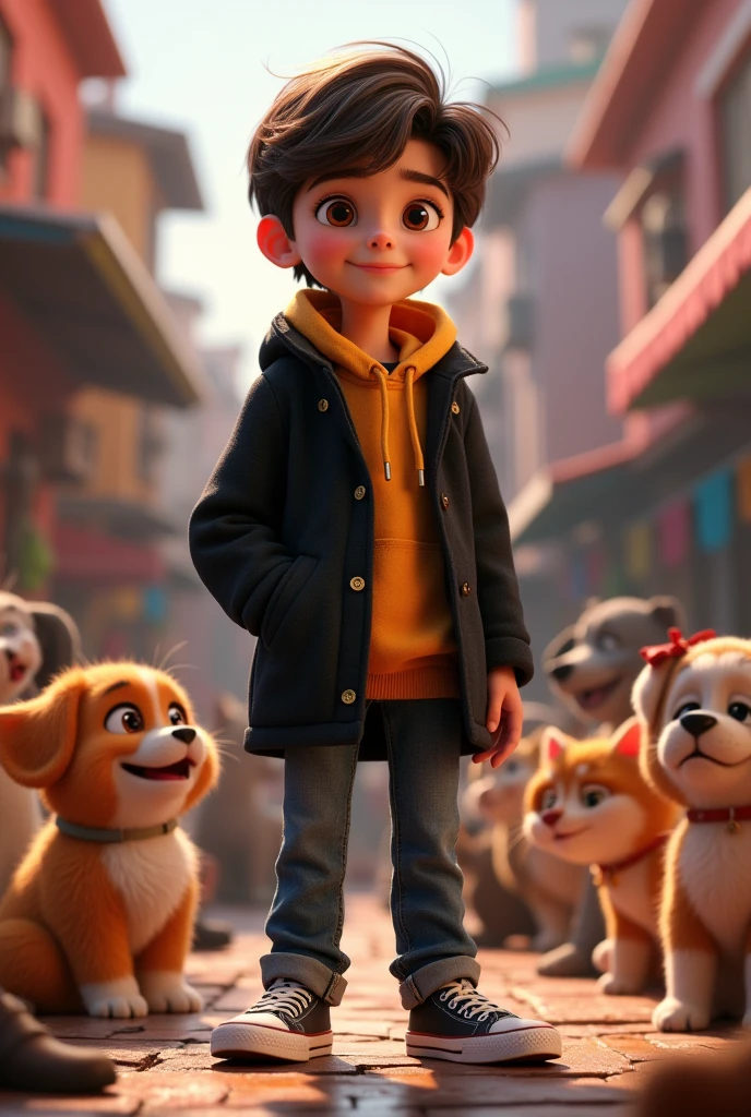 Disney Pixar 3D style movie cover released on the 24th light skin brown hair brown eyes black coat jeans All Star shoes background animals cat and dogs name of the movie Cauê the animals