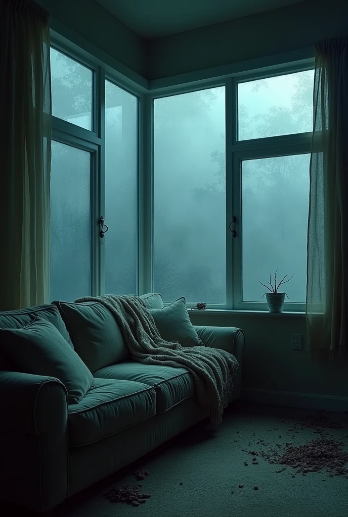 A cozy couch positioned near a large, open corner window. The couch should look inviting, with soft cushions and perhaps a throw blanket.( In horror style)