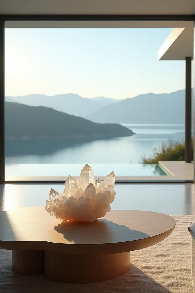 Photorealism, A serene living room in a modern, minimalist home with sleek, polished tons branco floors, floor-to-ceiling glass sliding doors that lead out to a breathtaking view of a tranquil lake, blended seamlessly with an infinity pool that seems to merge with the horizon, creating an illusion of boundless space. On top of a stylish, low-profile coffee table with a subtle wood grain pattern, a majestic quartz crystal cluster sits proudly, its intricate facets and crystalline structures glistening in the soft, warm summer light that filters in through the sliding doors. The photography-style image is rendered in exquisite, hyper-realistic detail, capturing the subtleties of texture, reflection, and ambiance, evoking a sense of relaxation and tranquility. The color palette is a soothing blend of whites, creams, and blues, with accents of natural wood tones, all harmoniously tied together to create a sense of effortless elegance and sophistication.