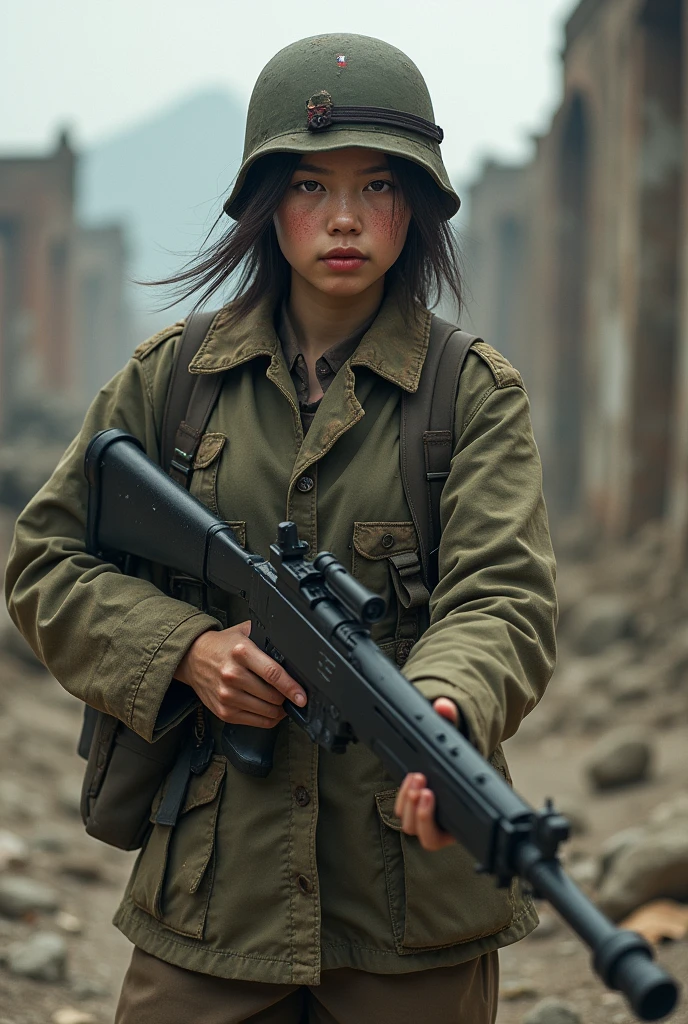 8k,Realistic Photo, Realistic Skin Texture, Superrealism, Second World War、sniper rifle、A female soldier of the former Japanese army wearing a simple prosthetic limb、Dirty Gaiters、dirty clothes、Very intricate details、Extremely realistic texture、Sense of presence、Tension、Damaged ancient ruins background、Photorealistic、taken with Fuji film X-T30+Nokton. HDR10