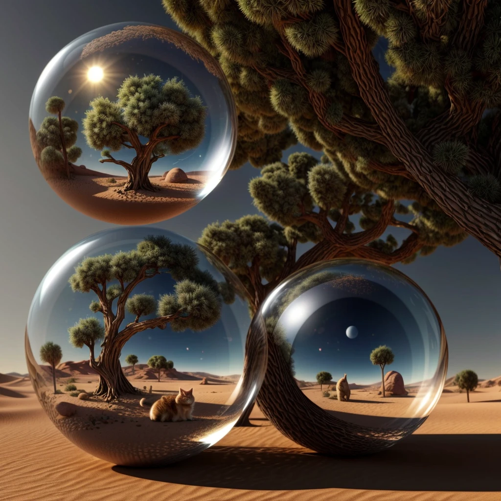 arafed image of a baby cat inside a glass ball on a desert landscape, tree of life inside the ball, surrealistic digital artwork, surrealism 8k, surreal digital art, surreal art, surreal 3 d render, 3d render digital art, marc adamus, surreal concept art, 3 d render beeple, stylized digital art, 4 k surrealism
