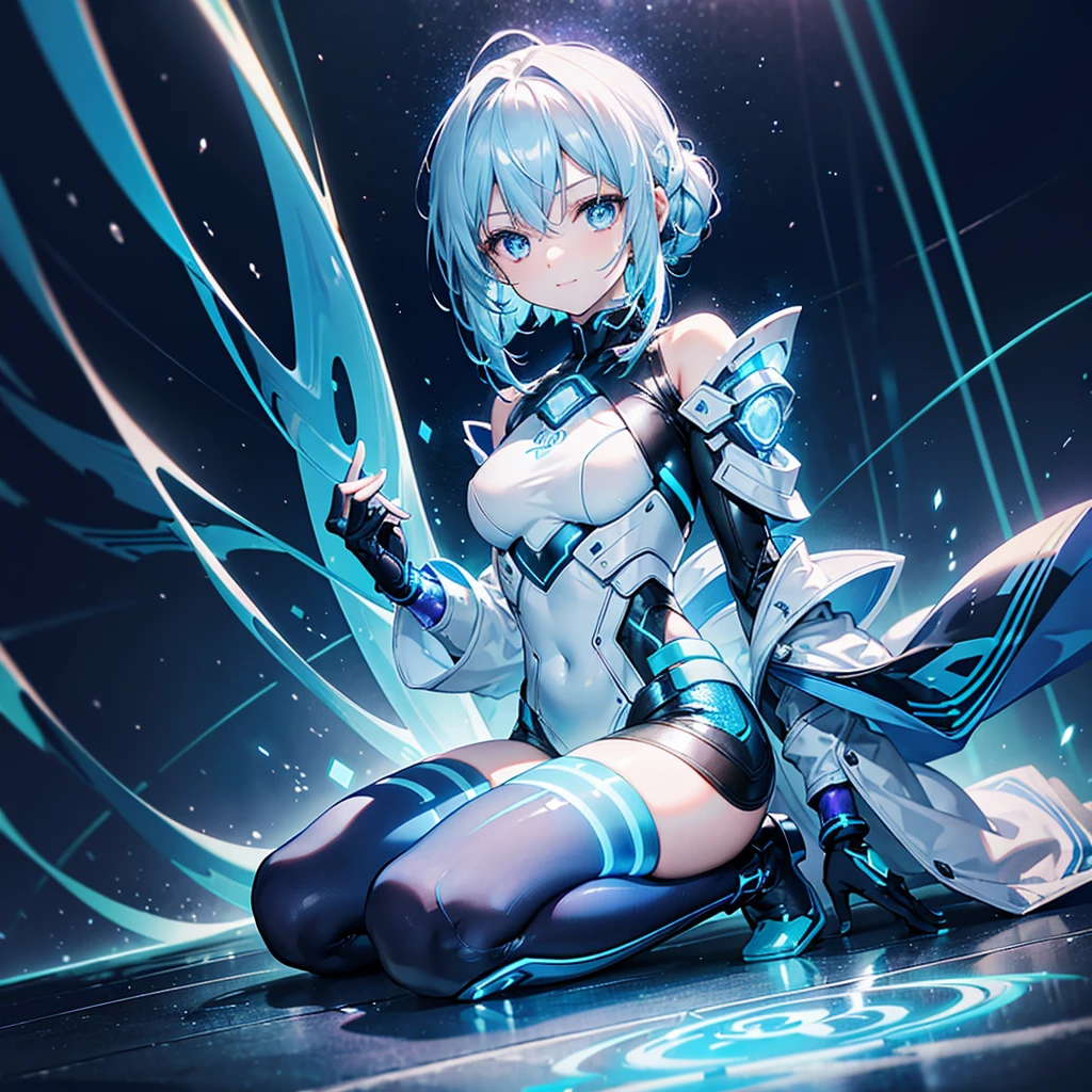 ((Holographic glow effect)),8k, Highest quality, (real:1.4), Original photo, 1 person, Asari Hair, Biological Amplifier, Very sleek and futuristic armor, posture: Peace talks between warring factions,,attention arousal, smart blue eyes,A modest smile,Knee-high boots,Patent-look blue tights,Blue big moon and blue light swirl in the background,Blue light from behind,blue light magic,A small, glowing blue ball in the palm of your hand,Blue flame swirl,Blue Comet,Polished floor,