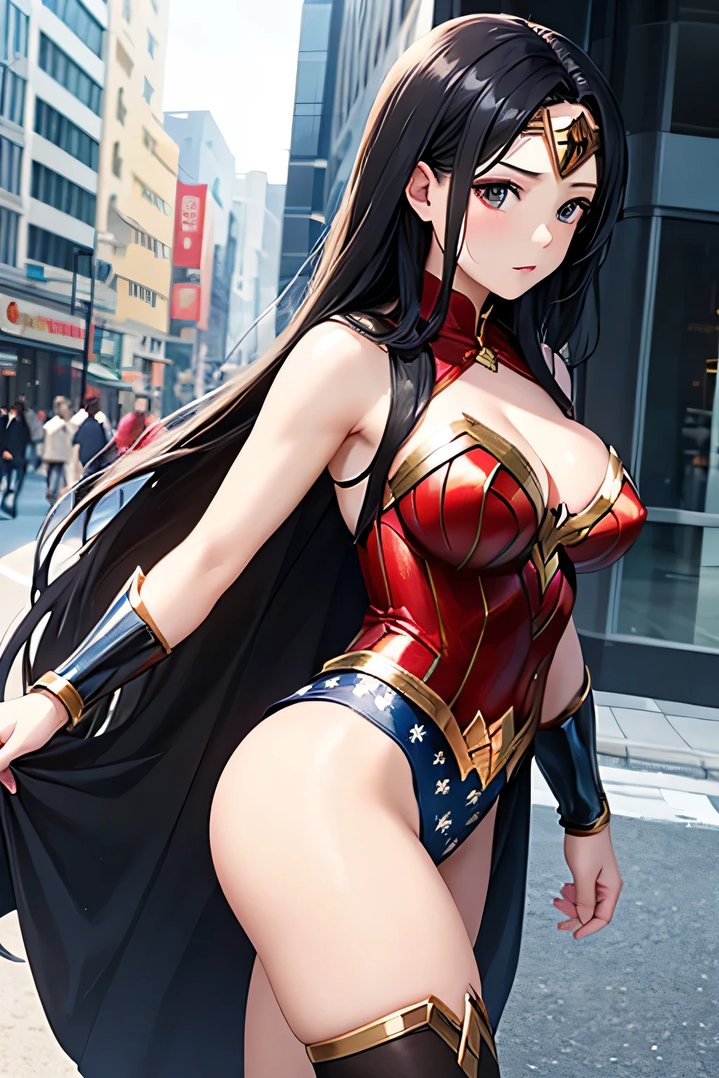 Adult women、Black Hair、Black eyes、Long Hair、Big Breasts、Wonder Woman's Leotard、In town